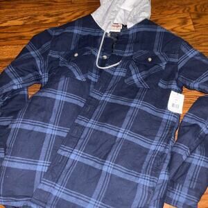 Wrangler Quilt Lined Flannel Shirt Jacket Men's small Blue Plaid Hooded Workwear